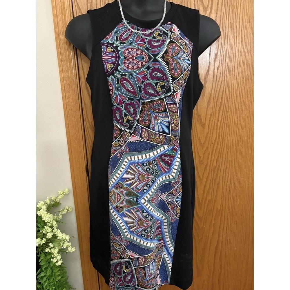 Nicole Miller Paisley Sleeveless Sheath Dress Womens Large Stretch Knee Length